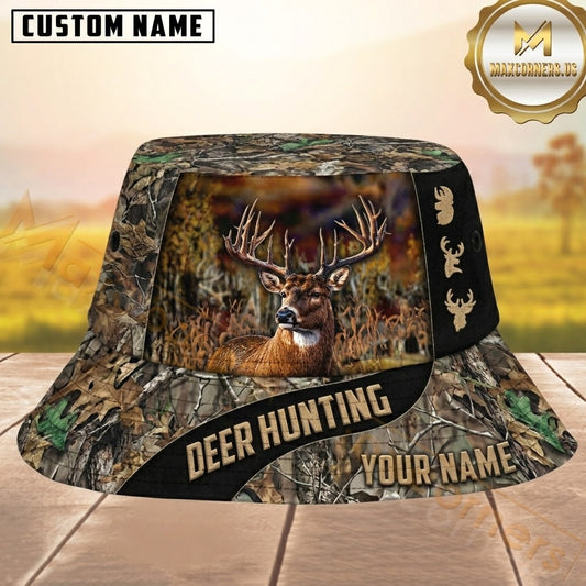Maxcorners Deer Hunting Realistic Camo with Black Accent Personalized Name 3D Bucket Hat