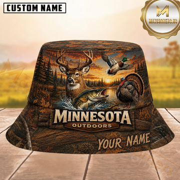 Maxcorners Hunting Minnesota Outdoor Wildlife Autumn Sunset Forest Personalized Name 3D Bucket Hat