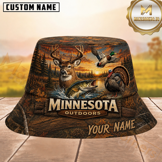 Maxcorners Hunting Minnesota Outdoor Wildlife Autumn Sunset Forest Personalized Name 3D Bucket Hat