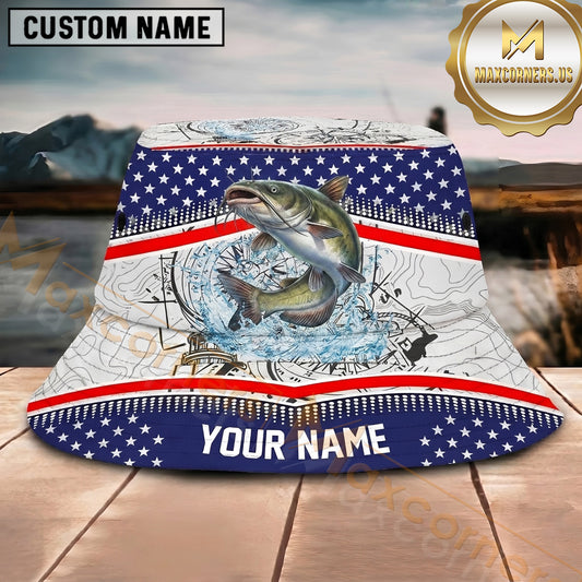 Maxcorners Fishing Patriotic Compass Personalized Name 3D Bucket Hat (12 Fish Species)