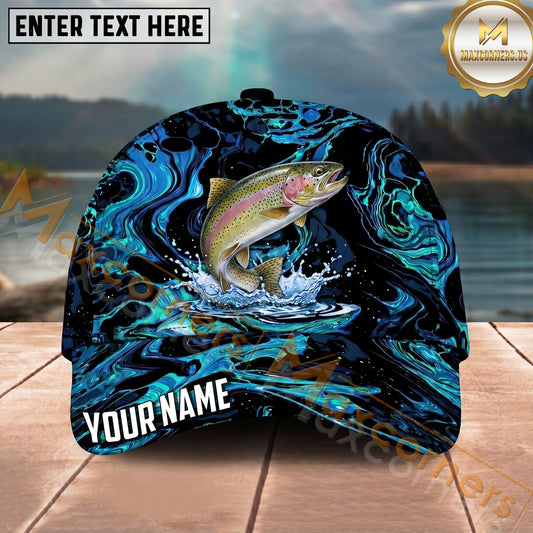Maxcorners Fishing Black Aqua Marble Water Splash Personalized Name 3D Cap (12 Fish Species)