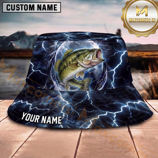 Maxcorners Fishing Blue Lightning Fishing Scene with Dramatic Storm Personalized Name 3D Bucket Hat (13 Fish Species)