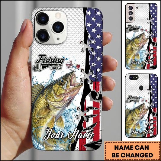 Maxcorners Walleye Fishing American Flag Patriotic Water Splash Personalized Name Phone Case