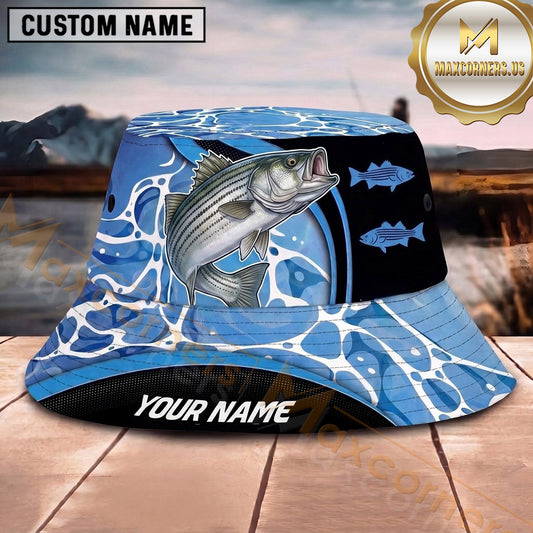 Maxcorners Fishing Blue Water Splash Fishing Design with Bold Hook Personalized Name 3D Bucket Hat (13 Fish Species)