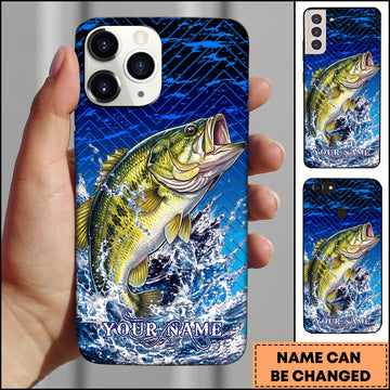 Maxcorners Fishing Blue Geometric Splash Wave Personalized Name Phone Case (12 Fish Species)