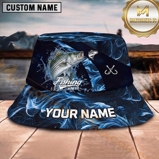 Maxcorners Fishing Blue Water Wave Fishing Illustration with Bold Hook Personalized Name 3D Bucket Hat (13 Fish Species)