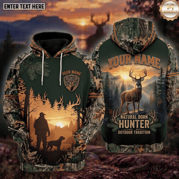 Maxcorners Deer Hunting Natural Born Hunter Outdoor Tradition Hunter And Dog Sunset Mountain Buck Personalized Hoodie Your Name 3D Hoodie