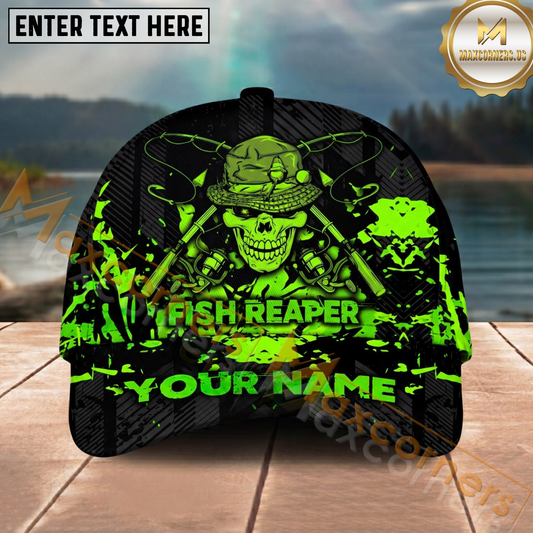 Maxcorners Fishing Reaper Neon Green Skull Multi Options Personalized Name 3D Cap (6 Colors)
