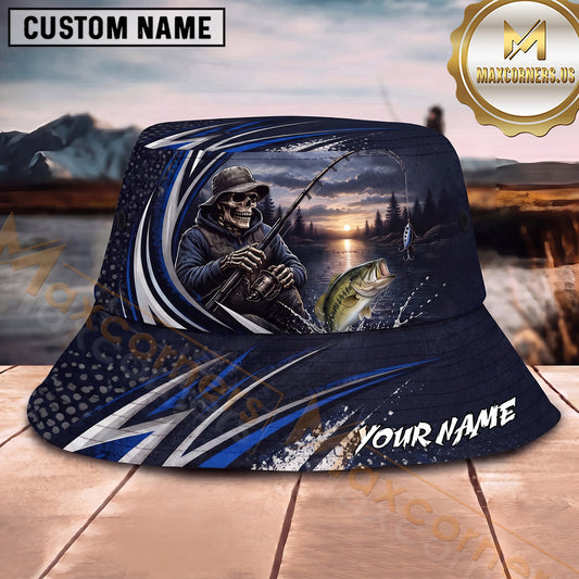 Maxcorners Fishing Dark Sunset Skull Angler Sport Personalized 3D Bucket Hat (13 Fish Species)