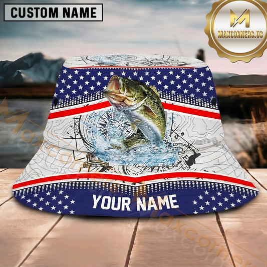 Maxcorners Fishing Patriotic Compass Personalized Name 3D Bucket Hat (12 Fish Species)