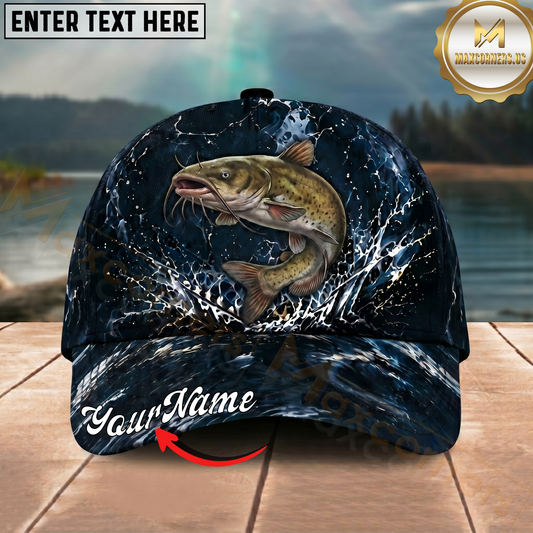 Maxcorners Fishing Dark Ocean Splash Personalized 3D Cap (12 Fish Species)