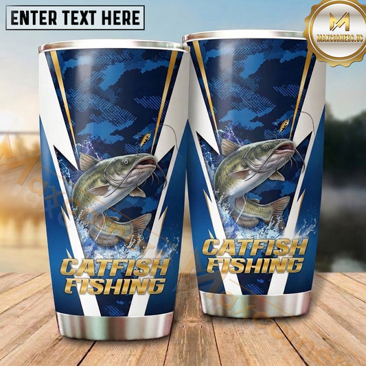 Maxcorners Fishing Tumbler Navy White Angular Chevron Design Personalized Name Tumbler (13 Species)