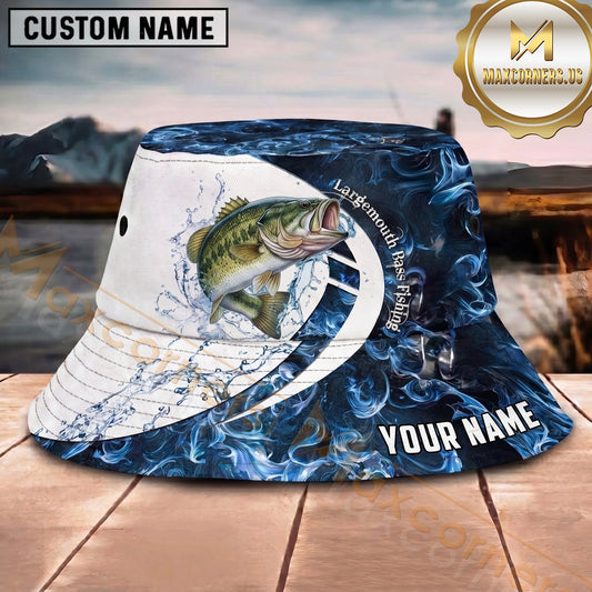 Maxcorners Fishing Blue Smoke Wave Personalized Name 3D Bucket Hat (12 Fish Species)