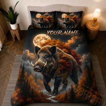 Maxcorners Wild Boar Autumn Forest Orange Black Bedding Set 3D Print Custom Name