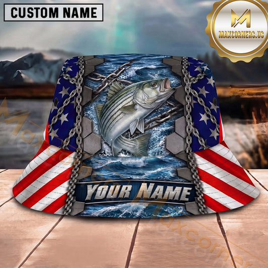 Maxcorners Fishing Blue Wave Fishing Scene with Bold Graphic Personalized Name 3D Bucket Hat (13 Fish Species)