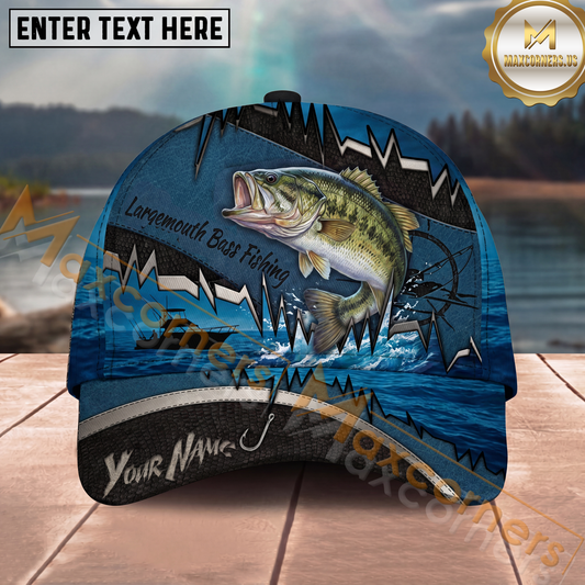 Maxcorners Fishing Heartbeat Boat Scene Multiple Options Personalized Name 3D Cap (12 Fish Species)