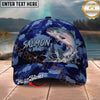Maxcorners Fishing Splash Artwork Blue Camo Personalized Name 3D Cap (12 Fish Species)