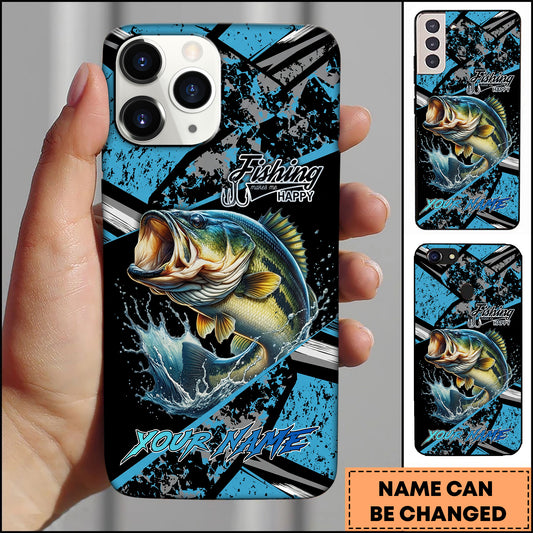 Maxcorners Bass Fishing Blue Grunge Paint Splash Dynamic Art Personalized Name Phone Case
