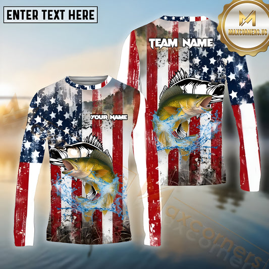 Maxcorners Walleye Fishing Freedom Strike Pattern Sport Jersey Personalized Name, Team Name Long Sleeve Shirt