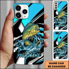 Maxcorners Mahi-Mahi Fishing Blue Black Geometric Lightning Splash Personalized Name Phone Case