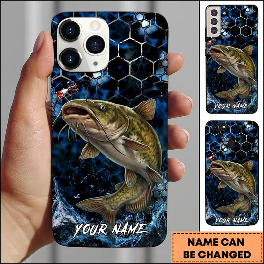 Maxcorners Bass Fishing Phone Case Blue Ocean Hexagon Lure Art Design Custom Angler Name Phone Case (12 Fish Species)