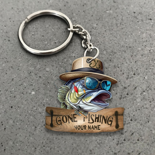 Maxcorners Fishing Keychain Funny Bass Fish With Yellow Hat Sunglasses Gone Fishing Wooden Sign Personalized Name 2D Keychain