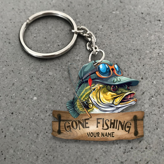 Maxcorners Fishing Keychain Cartoon Bass Fish Green Hat Sunglasses Gone Fishing Design Personalized Name 2D Keychain