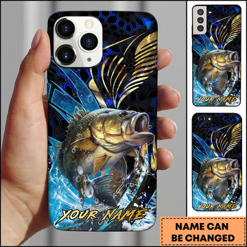 Maxcorners Bass Fishing Blue Honeycomb Splash Art Personalized Name Phone Case