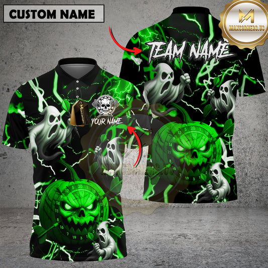 Maxcorners Dart Polo Shirt Halloween Pumpkin Ghost Lightning Multioptions Personalized Name, Team Name Unisex 3D Shirt (4 Colors)
