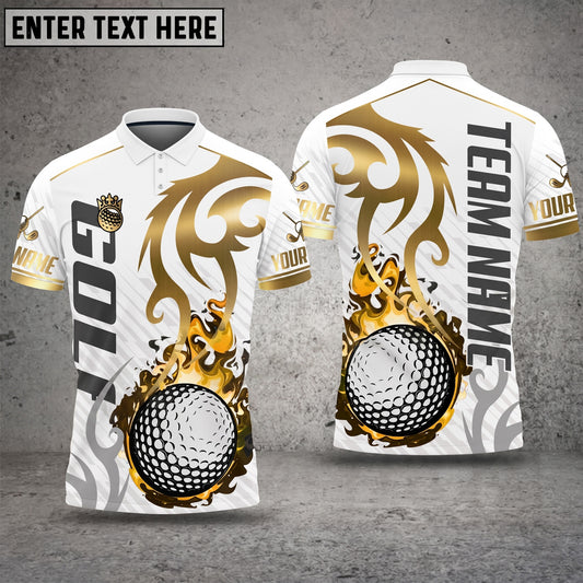 Maxcorners Golden Flame 3D Golf Personalized Name Polo Shirts