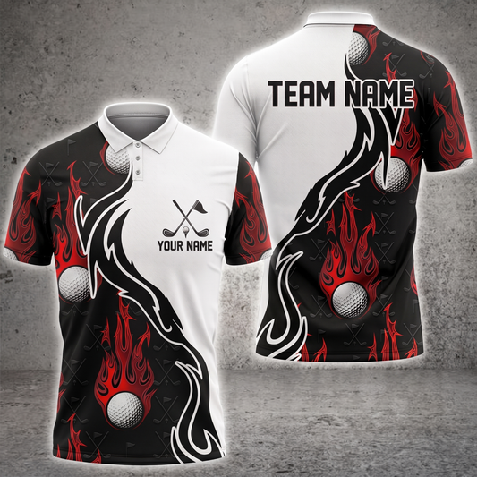 Maxcorners Fire Ball 3D Golf Personalized Name Polo Shirts