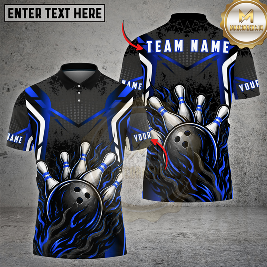 Maxcorners Bowling Strike Flame Shirt Fire Ball Pins Design Multicolor Options Personalized Name, Team Name 3D Shirt (4 Colors)