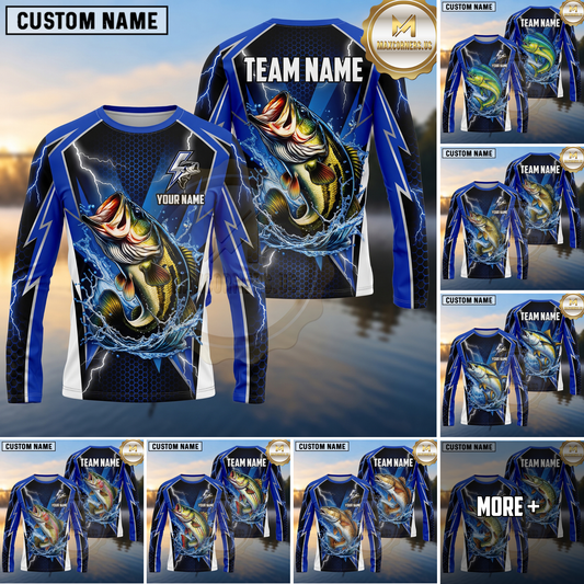 Maxcorners Fishing Shirt Electric Blue Lightning Bolt Honeycomb Pattern Multiple Options Personalized Name, Team Name 3D Long Sleeve Shirt (13 Fish Species)
