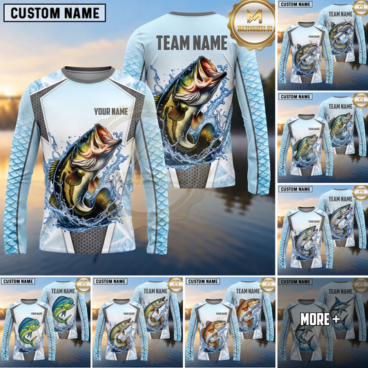 Maxcorners Fishing Shirt Ice Blue Fish Scale Honeycomb Pattern Multiple Options Personalized Name, Team Name 3D Long Sleeve Shirt (13 Fish Species)