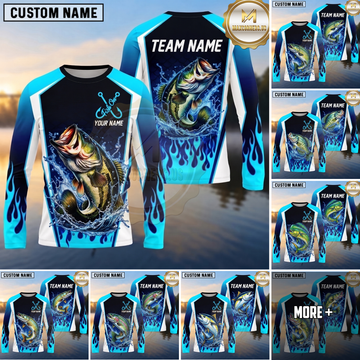 Maxcorners Fishing Shirt Electric Blue Flame Lightning Style Multiple Options Personalized Name, Team Name 3D Long Sleeve Shirt (13 Fish Species)