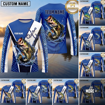 Maxcorners Fishing Shirt Blue Fish Scale Geometric Splash Multiple Options Personalized Name, Team Name 3D Long Sleeve Shirt (13 Fish Species)