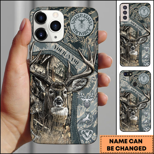 Maxcorners Hunting Phone Case Whitetail Deer Camouflage US  Air Force Military Badge Vintage Woodland Personalized Name Phone Case