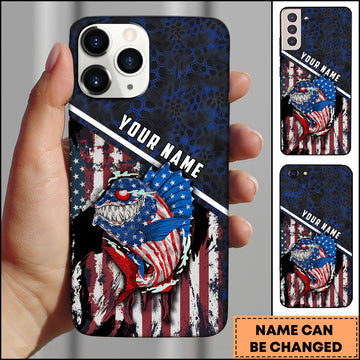 Maxcorners Bass Fishing Patriotic USA Flag Honeycomb Tech Style Personalized Name Phone Case