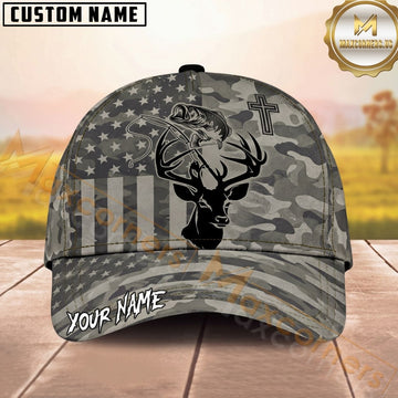 Maxcorners Hunting Fishing American Flag Gray Camo Cross Design Personalized Name 3D Cap