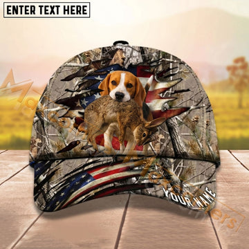 Maxcorners Rabbit Hunting Beagle Dog American Flag Camo Personalized Name Unisex 3D Cap