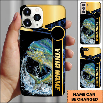 Maxcorners Mahi-mahi Fishing Black Gold Tech Frame Water Splash Personalized Name Phone Case