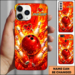 Maxcorners Bowling Phonecase Fire Red Bowling Ball Pins Flame Heart Design Personalized Name 3D Phone Case