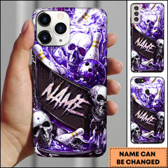 Maxcorners Bowling Phonecase Skull Bowling Ball Pins Purple Splash Dark Art Personalized Name 3D Phone Case