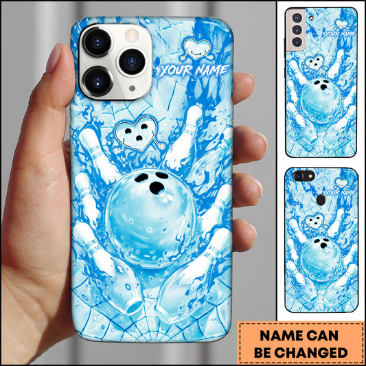 Maxcorners Bowling Phonecase Ice Blue Bowling Ball Pins Water Splash Cute Heart Design Personalized Name 3D Phone Case