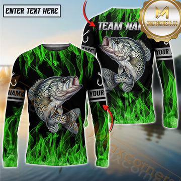 Maxcorner Crappie Fishing Green Flame Personalized Team Name Long Sleeve Shirt