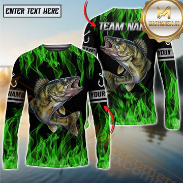 Maxcorner Walleye Fishing Green Flame Personalized Team Name Long Sleeve Shirt