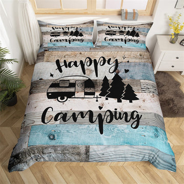 Maxcorners Handmade Happy Camping Duvet Cover, Blue Gray Trailers Camper Rustic Decorations Bedding Set