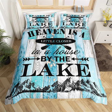 Maxcorners Lake House Fishing Duvet Cover, Rustic Blue Gray Wooden Board Cabin Plank Bedding Set