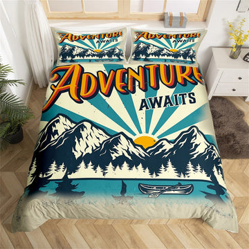 Maxcorners Nature Adventure Duvet Cover, Jungle Tree Mount Lake Boat Bedding Set