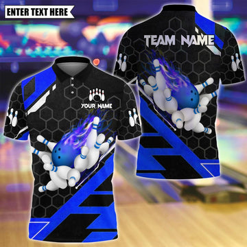 Maxcorners Custom Bowling Polo Shirt, Flame Bowling Design, Personalized Bowling Polo for Men Women,Personalized Name Team 3D Shirt Blue